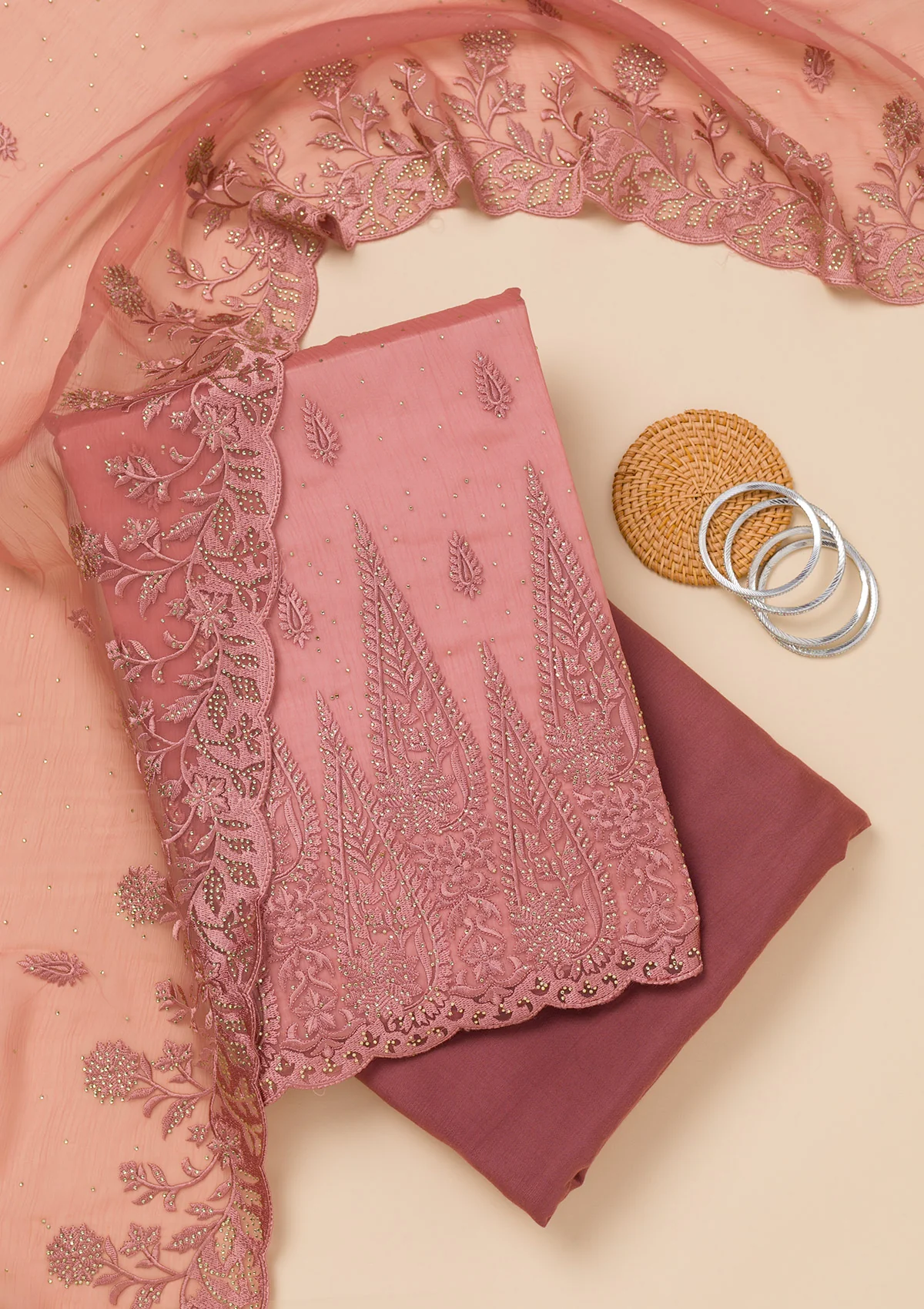 Peach Threadwork Tissue Unstitched Salwar Suit